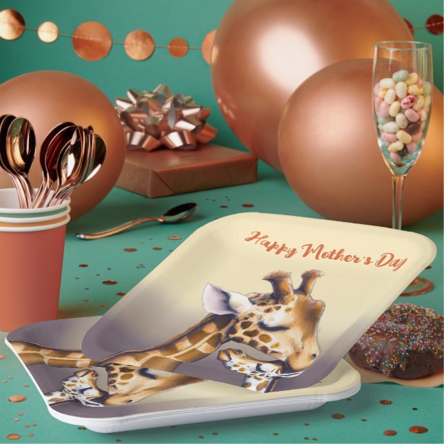 Berührungsmoment zwischen Mutter Giraffe und Kalb Pappteller (Multi)