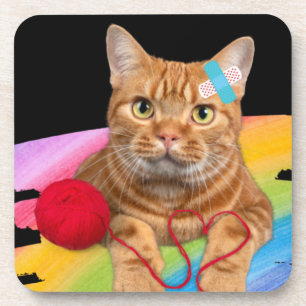Beschädigte Katze auf Regenbogenuntergrund Getränkeuntersetzer