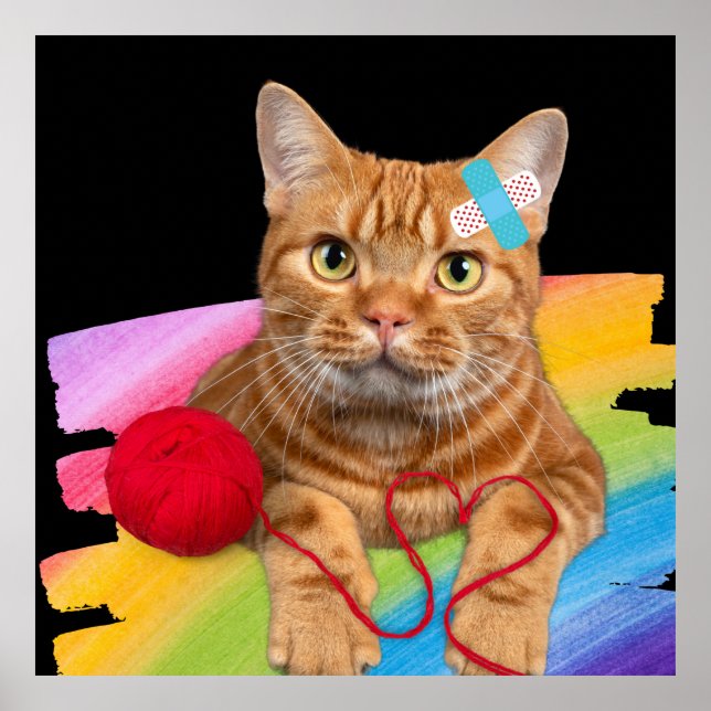 Beschädigte Katze auf Regenbogenuntergrund Poster (Vorne)