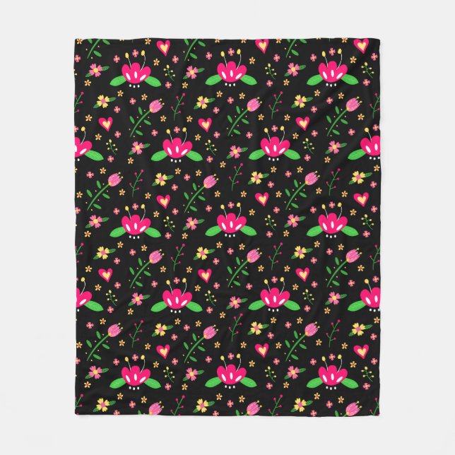 Beschäftigtes Blumenmuster auf Schwarz Fleecedecke (Vorderseite)
