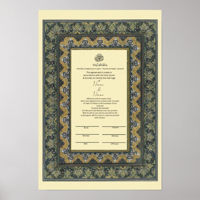 Bescheinigung der Islamischen Grenze Nikkah Poster (Vorne)
