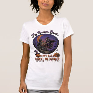 Besen Brach Fahrrad Kurier Hexe Halloween Mond T-Shirt