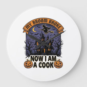 Besen Brach Hexe Halloween Koch Pun_1 Große Wanduhr