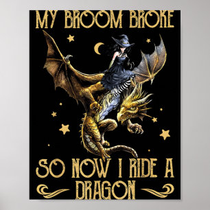 Besen Brach Mit Drachen Reiten Lustige Hexe Hallow Poster