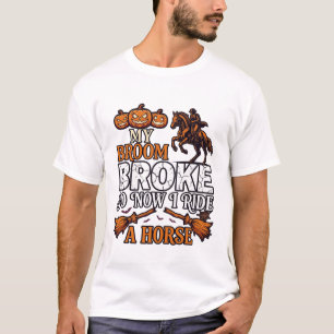 Besen Brach Reiten Pferd Kürbis Cowboy Fledermäuse T-Shirt