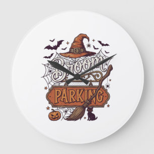 Besenparkplatz Halloween Hexenhut Besen Schwarz Große Wanduhr