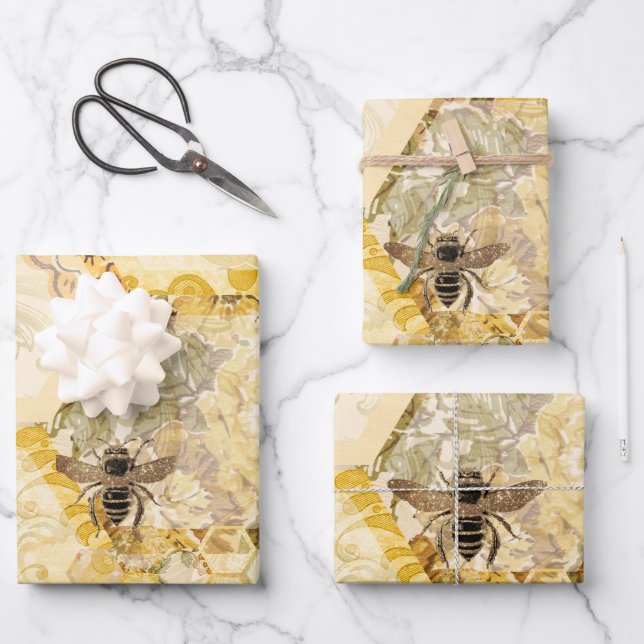 Besetztes Bienenwaschpapier — Flachblatt Set 3 Geschenkpapier Set (Vorderseite)