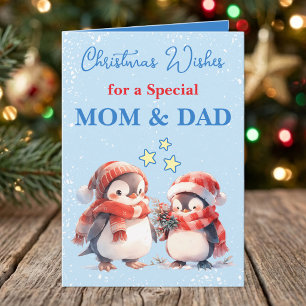 Besondere Mama- und Papa-Pinguine blaues Weihnacht Feiertagskarte