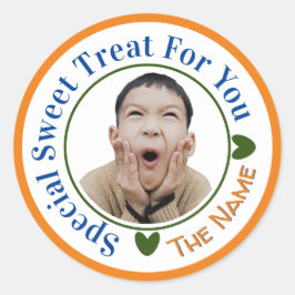 Besondere süße Leckerei für Ihr Foto Name Orange Runder Aufkleber