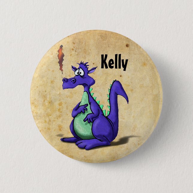 Besorgter lila Drache Cartoon Button (Vorderseite)