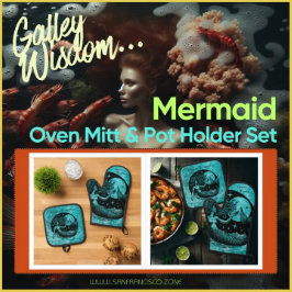 Bespoke Aqua Blue Mystical Mermaid Galley Wisdom Ofenhandschuh & Topflappen-Set