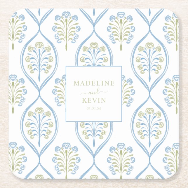 Bespoke Blue and Green Floral Wedding Pattern Rechteckiger Pappuntersetzer (Vorderseite)