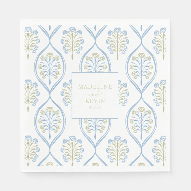 Bespoke Blue and Green Floral Wedding Pattern Serviette (Vorderseite)