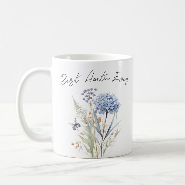 Best Auntie Ever blauen Blumen Aquarell Kaffeetasse (Links)