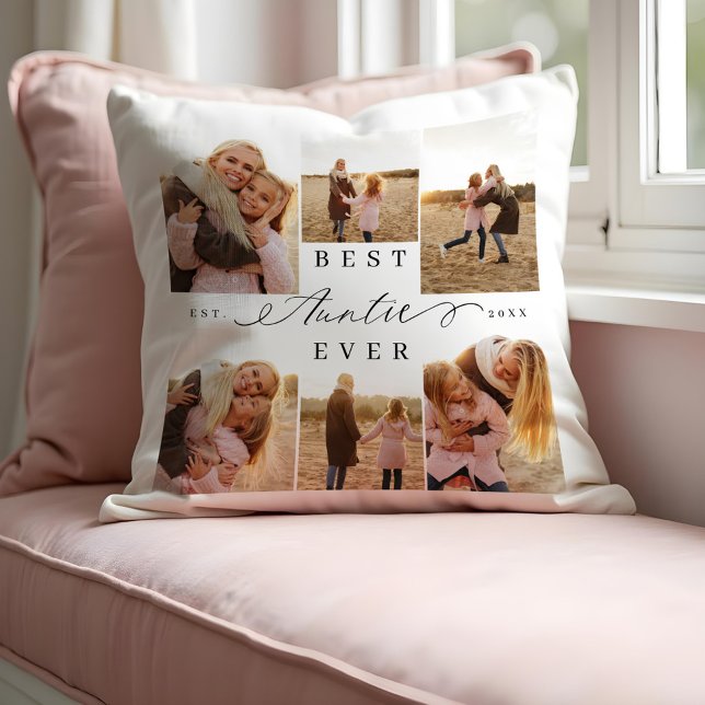 Best Auntie Ever Elegantes Script Foto Collage Kissen (Best Auntie Ever Elegant Script Photo Collage Throw Pillow)