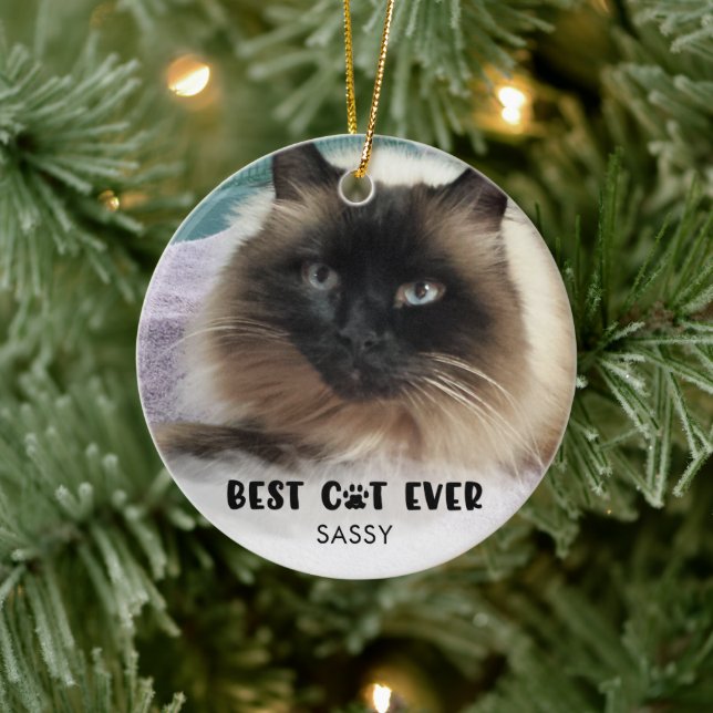 BEST CAT je Foto Weißes Overlay Personalisiert Keramik Ornament (Baum)
