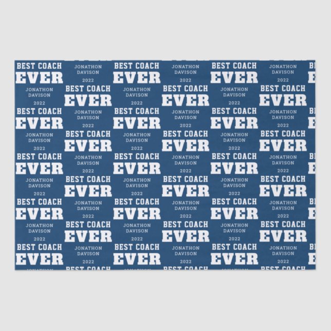 Best Coach je Name Jahr Weiß Blau Seidenpapier (Vorderseite)