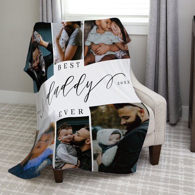 Best Daddy jemals Script Vathers Day Foto Collage Fleecedecke (Best Daddy Ever Script Fathers Day Photo Collage Fleece Blanket)