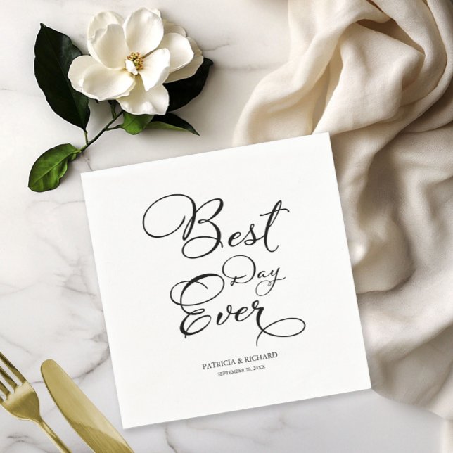 Best Day Ever - Elegante Schwarze Script Hochzeit Serviette (Von Creator hochgeladen)