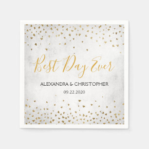 Best Day Ever Gold Hearts Confetti Wedding Serviette