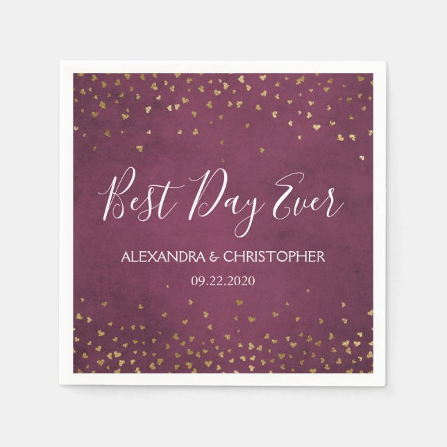 Best Day Ever Gold Hearts Confetti Wedding Serviette (Vorderseite)