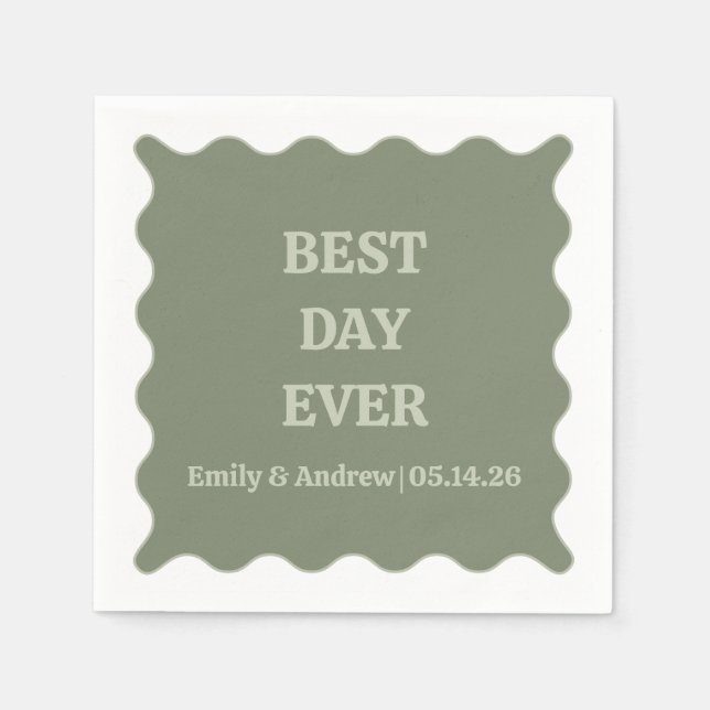 Best Day Ever Sage Green Chic Trendy Wavy Hochzeit Serviette (Vorderseite)