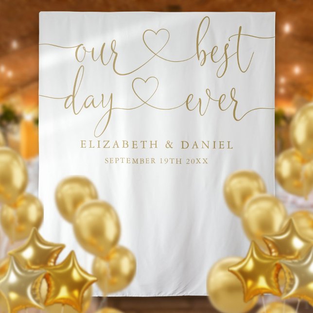 Best Day Gold Heart Script - Hochzeitszitat Foto H Wandteppich (Best Day Gold Heart Script Wedding Photo Backdrop)