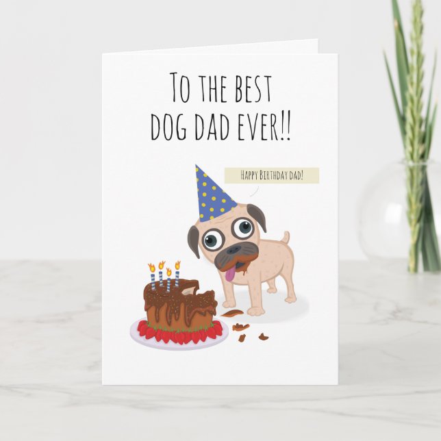 Best dog dad ever, cake, funny pug in hat,  humor karte (Vorderseite)
