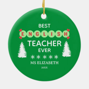 Best English Teacher Typografy Christmas Green Keramik Ornament