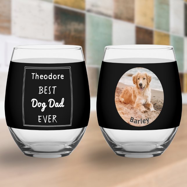 Best Ever Hund Vater Custom Pet Foto und Name Weinglas Ohne Stiel (A stemless wine glass with dog photo, pet's name, owner's name and 'Best Dog Dad Ever' caption)