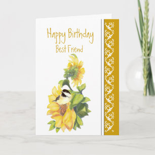 Best Friend Birthday Poem Chickadee & Sunflowers C Karte