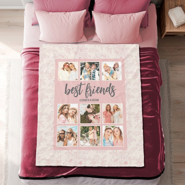 Best Friends BFF Pink Photo Collage with Names Fleecedecke (Personalize this pretty pink best friends blanket with 6 photos and your names. Makes a fun gift.)