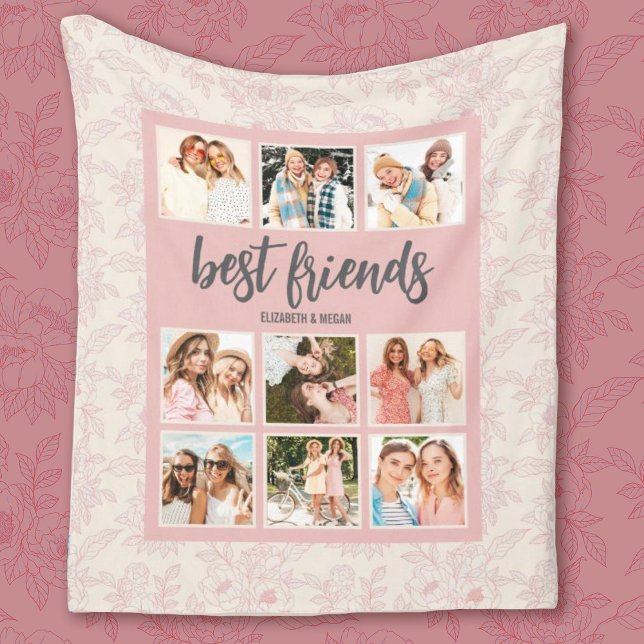 Best Friends BFF Pink Photo Collage with Names Fleecedecke (Personalize this pretty pink best friends blanket with 6 photos and your names. Makes a fun gift.)