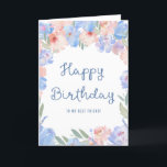 Best Friends Blue Pink Floral Watercolor Geburtsta Karte<br><div class="desc">Eine wunderschöne Blumenkarte,  die Sie zu Ihrem Geburtstag an Ihre beste Freundin schicken können. Weiche,  staubblaue und rot-rosa Blume schaffen einen hübschen Rahmen um diese BlumenGeburtstagskarte. Happy Birthday ist in einer trendigen und beliebten Schrift geschrieben. Sie können den Empfänger personalisieren,  wenn Sie möchten.</div>
