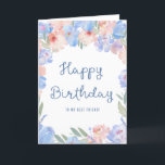 Best Friends Blue Pink Floral Watercolor Geburtsta Karte<br><div class="desc">Eine wunderschöne Blumenkarte,  die Sie zu Ihrem Geburtstag an Ihre beste Freundin schicken können. Weiche,  staubblaue und rot-rosa Blume schaffen einen hübschen Rahmen um diese BlumenGeburtstagskarte. Happy Birthday ist in einer trendigen und beliebten Schrift geschrieben. Sie können den Empfänger personalisieren,  wenn Sie möchten.</div>
