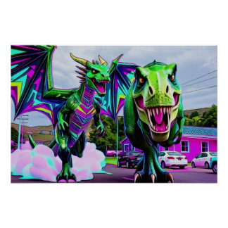 Best Friends - Dragon and Dinosaur Walking Poster