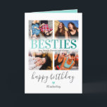 Best Friends Foto Collage Geburtstag Karte<br><div class="desc">Beste Freunde Glückliche Geburtstagskarte mit einer 4-Foto-Collage,  das Wort "Besties" in einem trendigen aquamarinen Gradienten-Schriftart,  ein personalisiertes Zitat,  ein niedliches Herz und Name.</div>