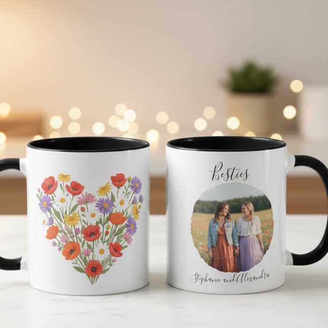 Best Friends Mug - Wildflower Photo Gift Tasse (Floral heart best friend photo coffee mug)