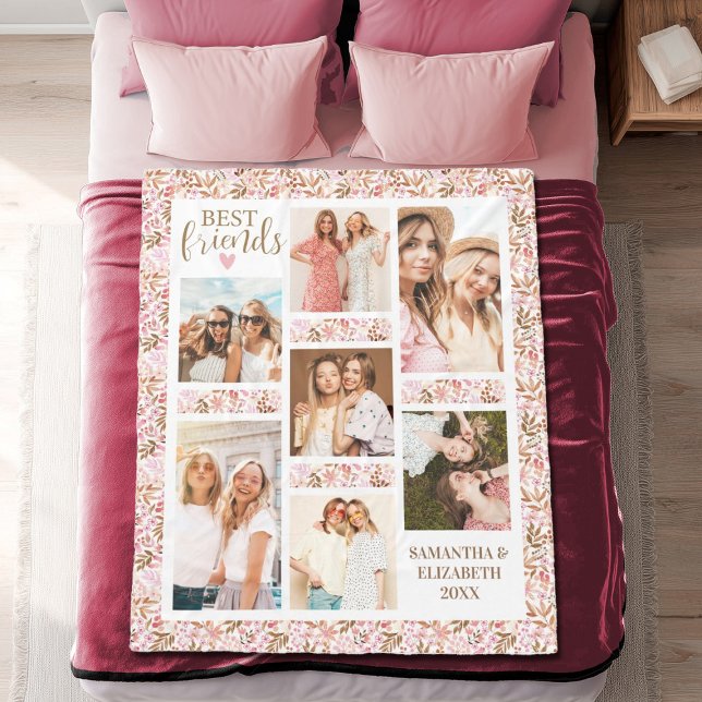 Best Friends Stylish BFF Friendship Pink Photo Fleecedecke (A pretty floral 7 photo best friends blanket. Personalize it with the names and photos of your best.)