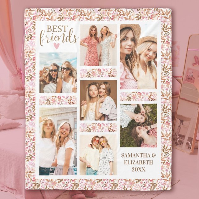 Best Friends Stylish BFF Friendship Pink Photo Fleecedecke (A pretty floral 7 photo best friends blanket. personalize it with your names and photos.)