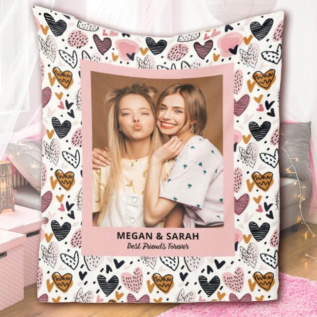 Best Friends Stylish BFF Pink Friendship Photo Fleecedecke (A cute best friends blanket with a heart pattern background. Personalize 1 photo and your names.)