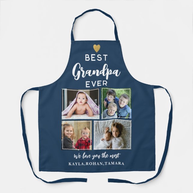 Best Grandpa Ever 4 Photo Collage Gold Navy Blue Schürze (Vorderseite)