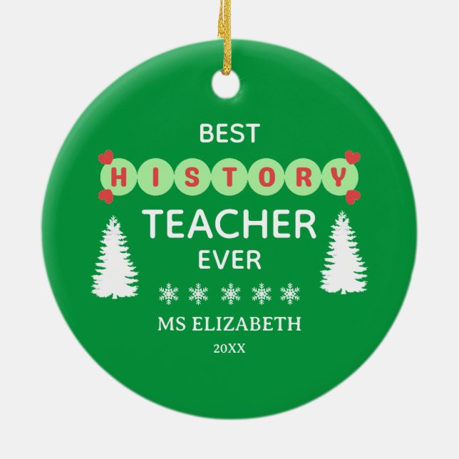 Best History Teacher Typografy Christmas Green Keramik Ornament (Hinten)