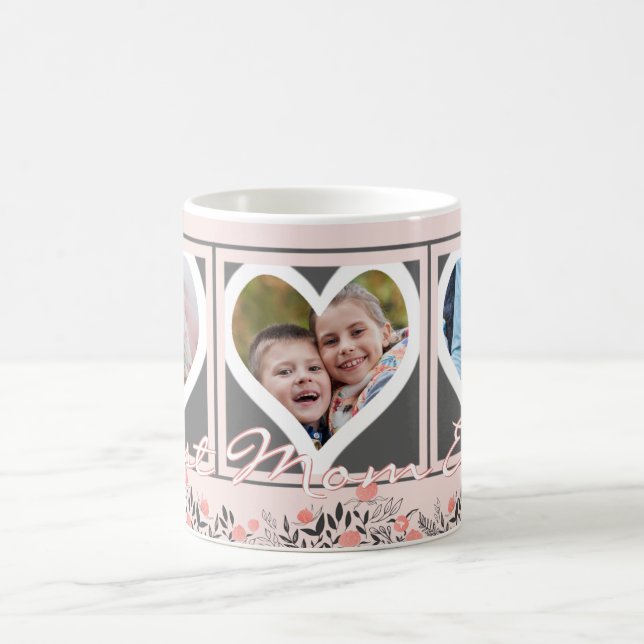 BEST MAMA JE Blush Pink Floral Foto Gray Hearts Kaffeetasse (Mittel)