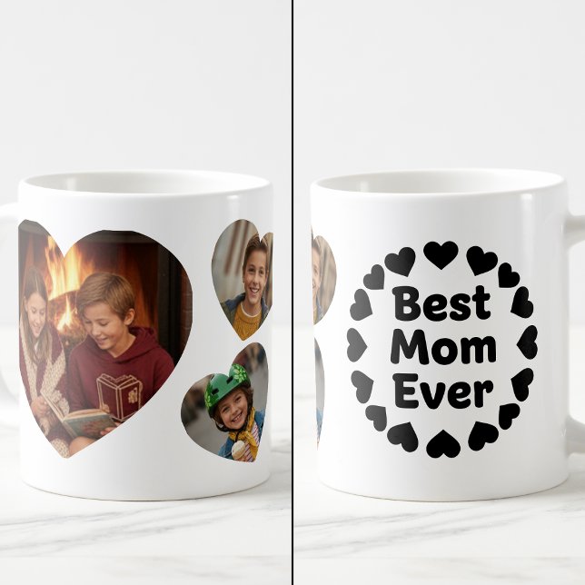 Best Mom Ever 3 Heart Photo Keepsake Black White Kaffeetasse (Von Creator hochgeladen)