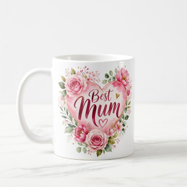 Best Mum Aquarell Blumenherz Design Kaffeetasse (Links)