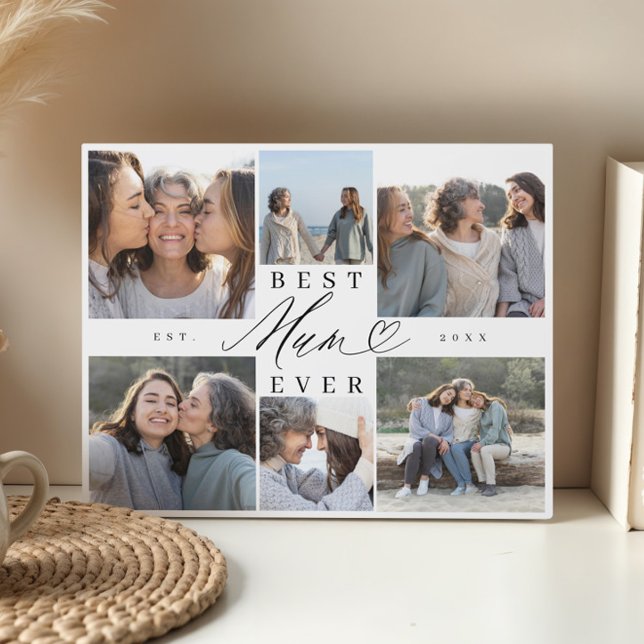 Best Mum Ever Mum Script Herzfoto Collage Fotoplatte (Best Mum Ever Mum Script Heart Photo Collage Plaque)