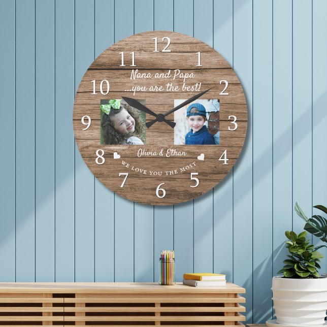 Best Nana and Papa Grandkids 2 Foto Collage Wood Große Wanduhr (Best Nana And Papa Grandkids 2 Photo Collage Wood Large Clock)