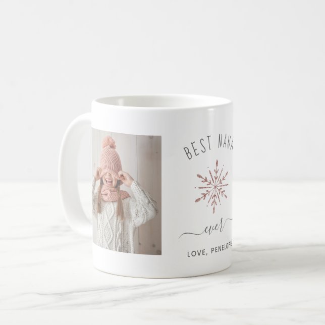 Best Nana Ever | Zwei Fotos und Rose Gold Snowflak Kaffeetasse (Vorderseite Links)