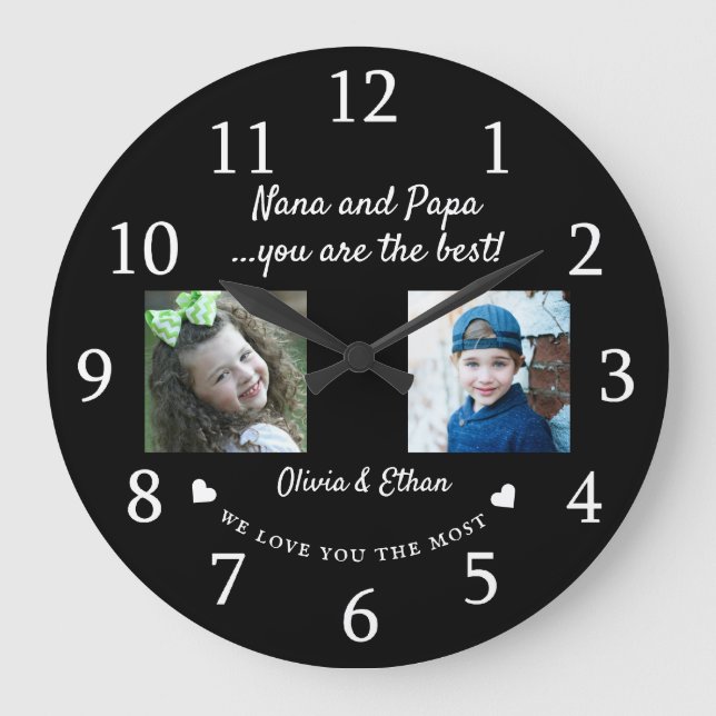 Best Nana und Papa Grandkids Foto Collage Schwarz Große Wanduhr (Vorderseite)